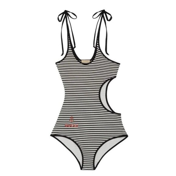 NEW GUCCI STRETCH-JERSEY WEAVE LOGO EMBROIDERY CUT-OUT Striped SWIMSUIT Sz XL - Picture 2 of 9